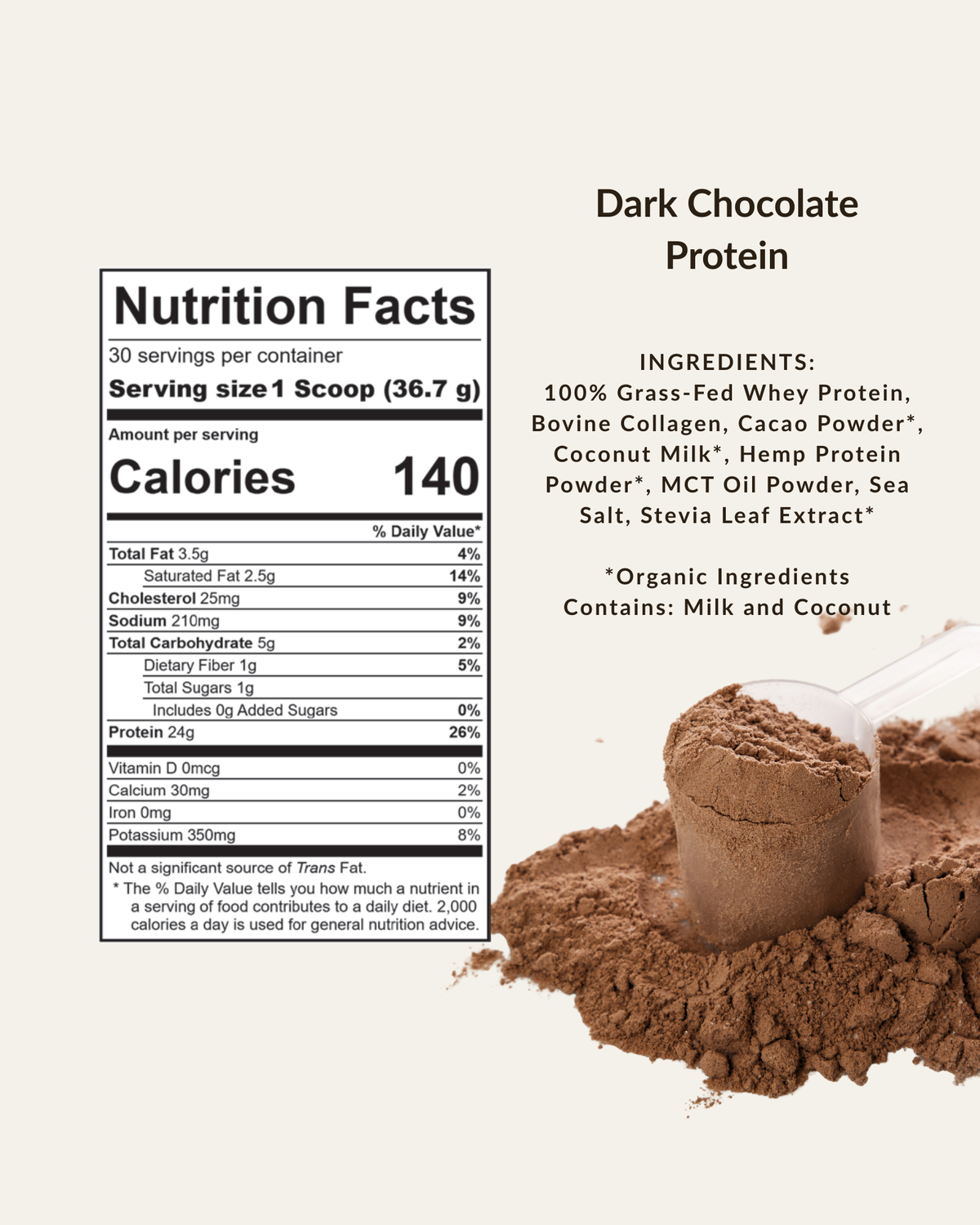 Dark Chocolate Grass Fed Whey + Hemp Heart Protein